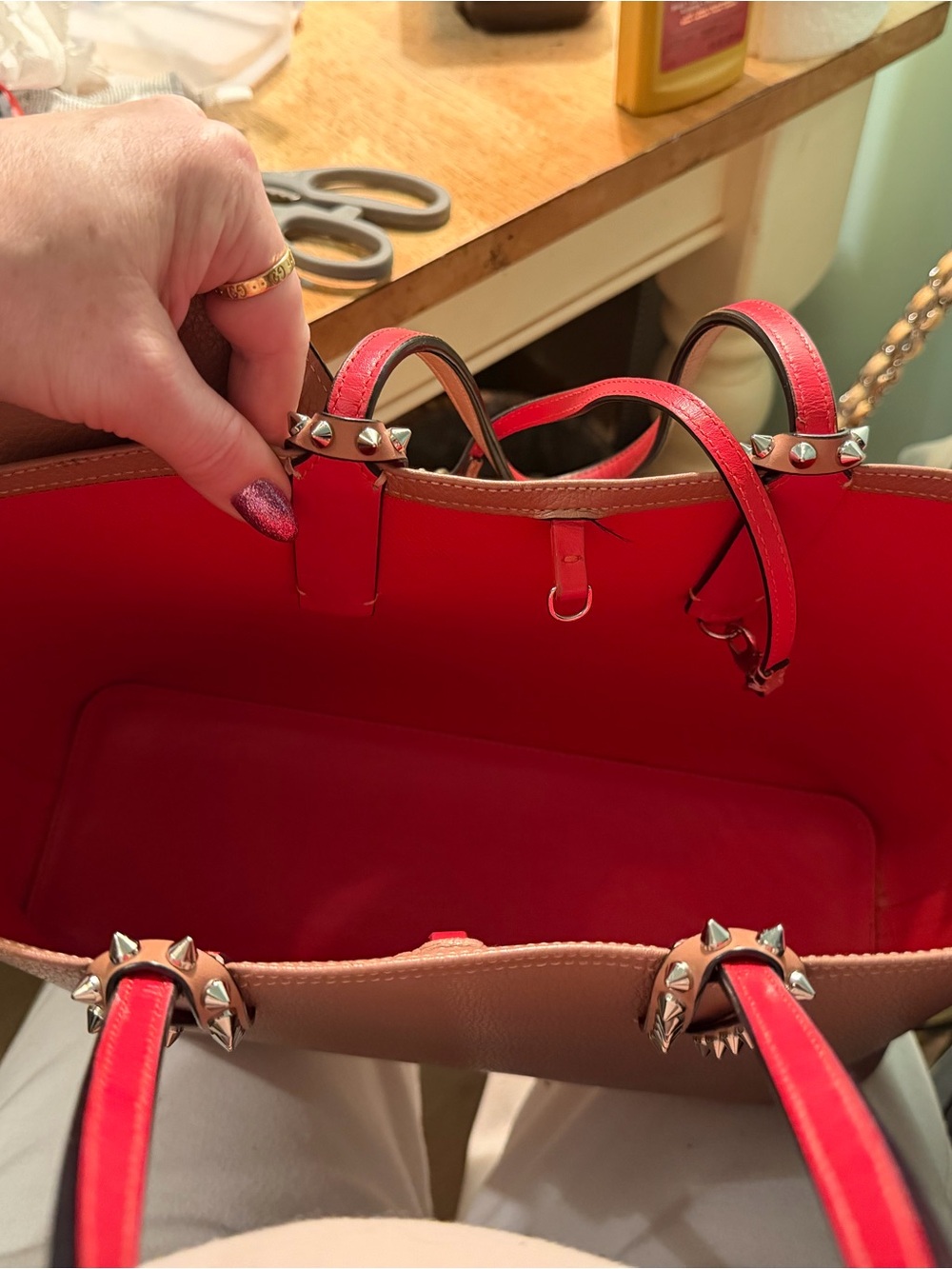 Christian Louboutin Brown Stud-Trim Leather Tote with Red Base - Picture 7 of 10